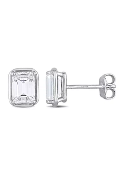 Lab Created 3.18 ct. t.g.w. Created White Sapphire Bezel Style Emerald Cut Stud Earrings in Sterling Silver