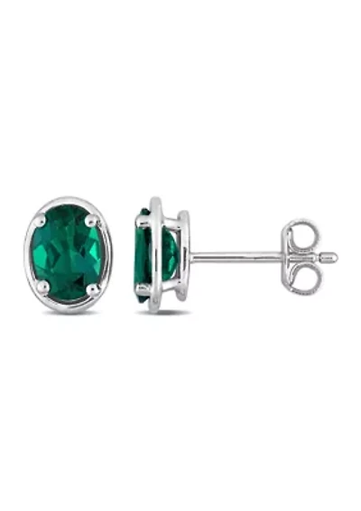 Lab Created 1.40 ct. t.g.w. Created Emerald Bezel Style Oval Stud Earrings in Sterling Silver