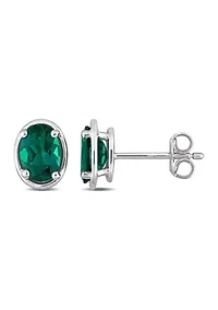 Lab Created 1.40 ct. t.g.w. Created Emerald Bezel Style Oval Stud Earrings in Sterling Silver