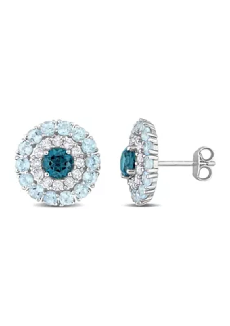 4.32 ct. t.g.w. London Blue Topaz, Sky Blue Topaz and White Topaz Double Halo Stud Earrings in Sterling Silver