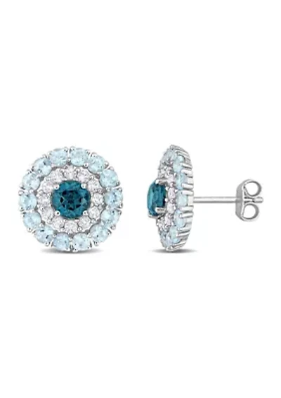 4.32 ct. t.g.w. London Blue Topaz, Sky Blue Topaz and White Topaz Double Halo Stud Earrings in Sterling Silver