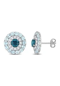 4.32 ct. t.g.w. London Blue Topaz, Sky Blue Topaz and White Topaz Double Halo Stud Earrings in Sterling Silver