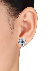 4.32 ct. t.g.w. London Blue Topaz, Sky Blue Topaz and White Topaz Double Halo Stud Earrings in Sterling Silver