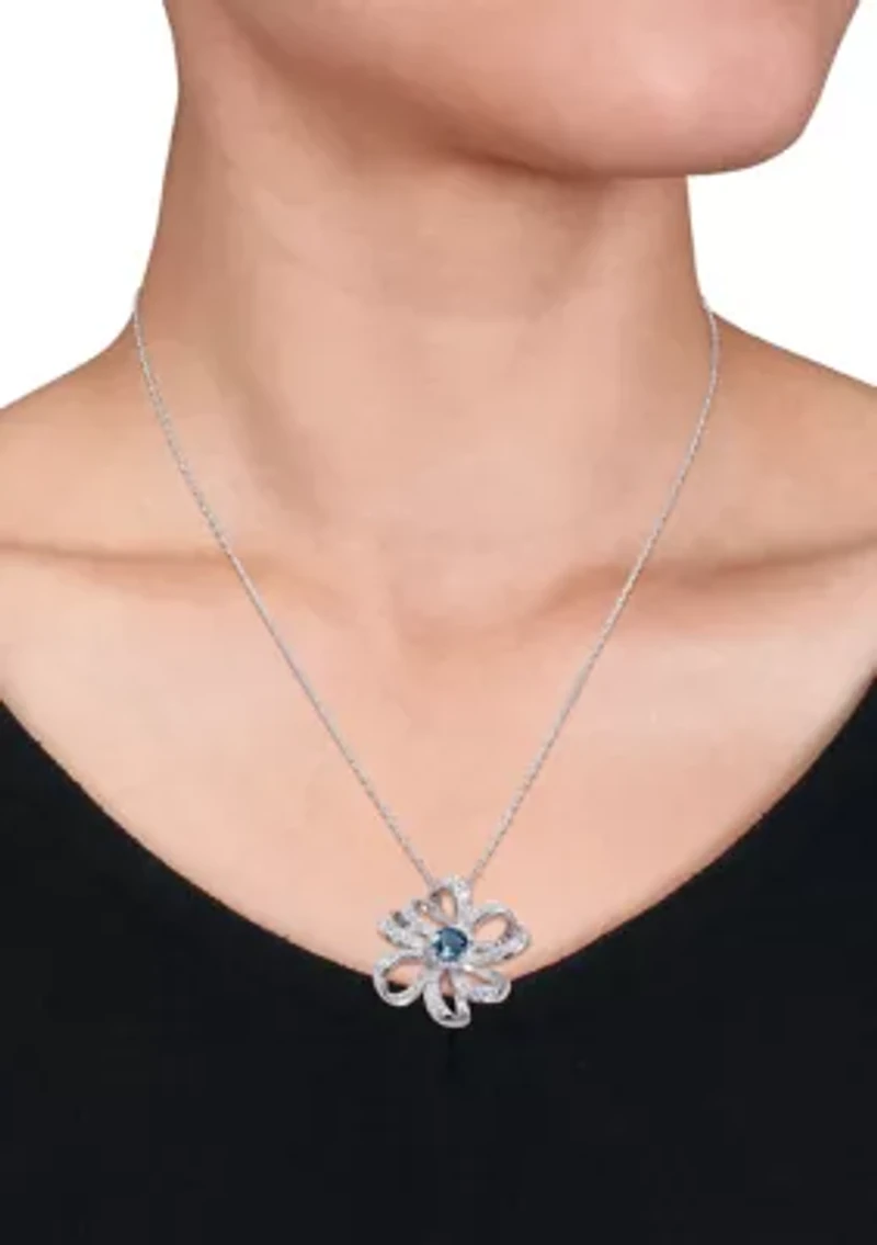 2.26 ct. t.g.w. London Blue Topaz and White Topaz Flower Pendant with Chain in Sterling Silver
