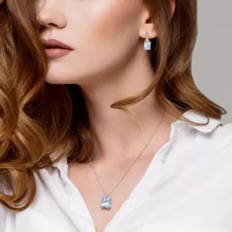 15 3/4 CT TGW Sky Blue Topaz and White Topaz Leverback Earrings and Pendant Set in Sterling Silver