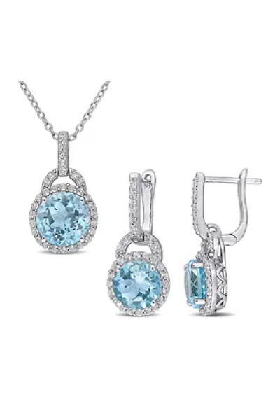 2-Piece Set 9 5/8 CT TGW Blue Topaz and White Topaz Halo Pendant with Chain and Hoop Halo Charm Earrings in Sterling Silver