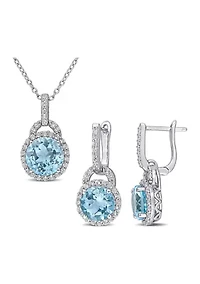 2-Piece Set 9 5/8 CT TGW Blue Topaz and White Topaz Halo Pendant with Chain and Hoop Halo Charm Earrings in Sterling Silver