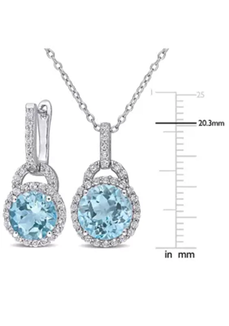 2-Piece Set 9 5/8 CT TGW Blue Topaz and White Topaz Halo Pendant with Chain and Hoop Halo Charm Earrings in Sterling Silver