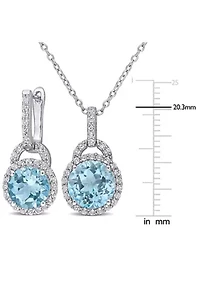 2-Piece Set 9 5/8 CT TGW Blue Topaz and White Topaz Halo Pendant with Chain and Hoop Halo Charm Earrings in Sterling Silver