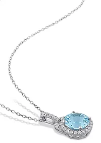 2-Piece Set 9 5/8 CT TGW Blue Topaz and White Topaz Halo Pendant with Chain and Hoop Halo Charm Earrings in Sterling Silver