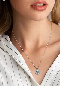 2-Piece Set 9 5/8 CT TGW Blue Topaz and White Topaz Halo Pendant with Chain and Hoop Halo Charm Earrings in Sterling Silver