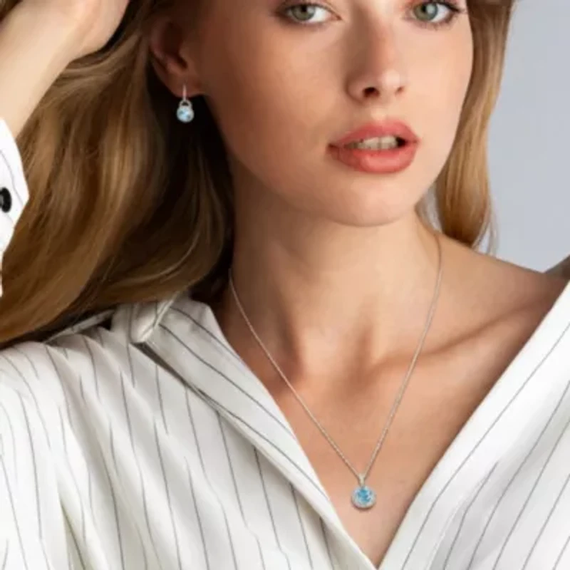 2-Piece Set 9 5/8 CT TGW Blue Topaz and White Topaz Halo Pendant with Chain and Hoop Halo Charm Earrings in Sterling Silver