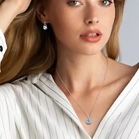 2-Piece Set 9 5/8 CT TGW Blue Topaz and White Topaz Halo Pendant with Chain and Hoop Halo Charm Earrings in Sterling Silver