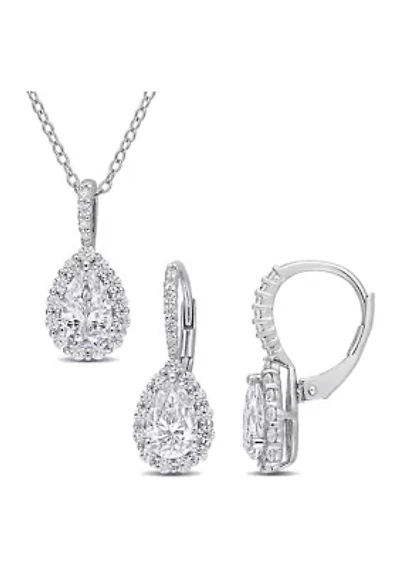 Lab Created 2-pc Set of 3 7/8 CT TGW Pear Shaped Moissanite Halo Pendant with Chain and Leverback Earrings Set in Sterling Silver