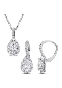 Lab Created 2-pc Set of 3 7/8 CT TGW Pear Shaped Moissanite Halo Pendant with Chain and Leverback Earrings Set in Sterling Silver