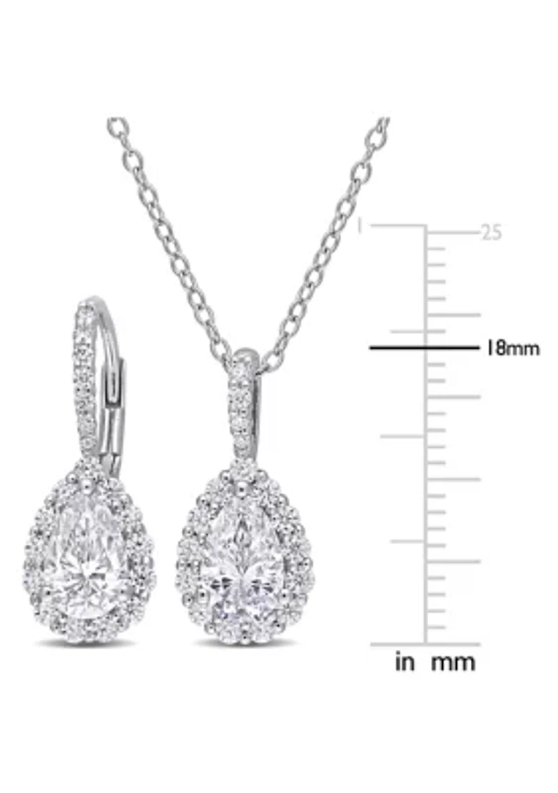 Lab Created 2-pc Set of 3 7/8 CT TGW Pear Shaped Moissanite Halo Pendant with Chain and Leverback Earrings Set in Sterling Silver
