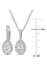 Lab Created 2-pc Set of 3 7/8 CT TGW Pear Shaped Moissanite Halo Pendant with Chain and Leverback Earrings Set in Sterling Silver