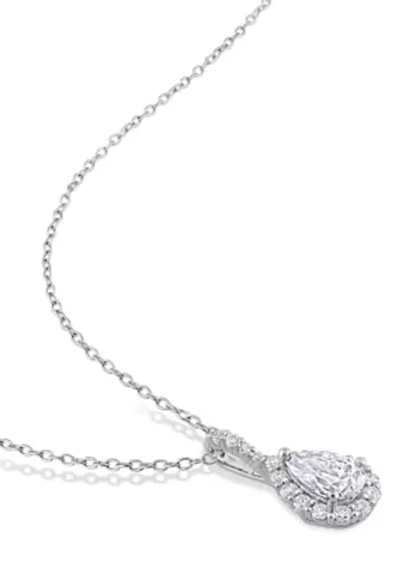 Lab Created 2-pc Set of 3 7/8 CT TGW Pear Shaped Moissanite Halo Pendant with Chain and Leverback Earrings Set in Sterling Silver