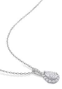 Lab Created 2-pc Set of 3 7/8 CT TGW Pear Shaped Moissanite Halo Pendant with Chain and Leverback Earrings Set in Sterling Silver