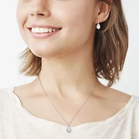 Lab Created 2-pc Set of 3 7/8 CT TGW Pear Shaped Moissanite Halo Pendant with Chain and Leverback Earrings Set in Sterling Silver