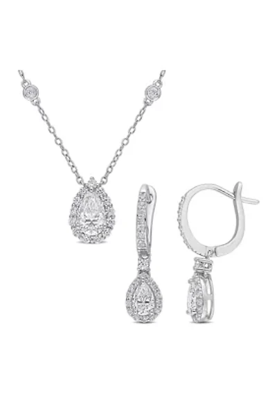 Lab Created 2 7/8 CT DEW Moissanite Halo Leverback Earrings and Pendant Set in Sterling Silver