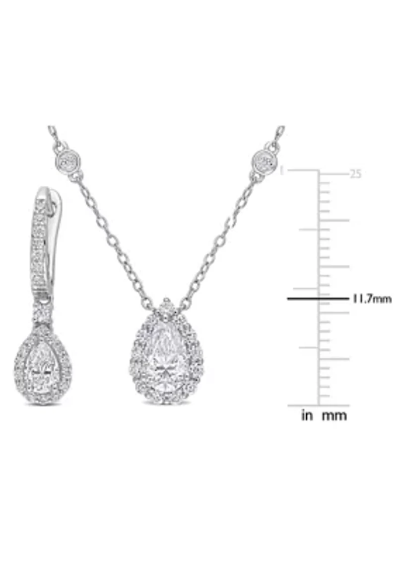 Lab Created 2 7/8 CT DEW Moissanite Halo Leverback Earrings and Pendant Set in Sterling Silver