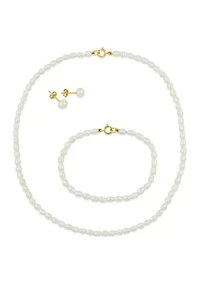 Set Of 3-4MM Freshwater Cultured Pearl Necklace, Bracelet & Earrings With 10K Yellow Gold Clasp