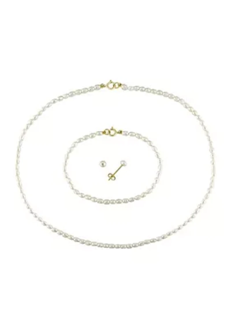 Set Of 3-4MM Freshwater Cultured Pearl Necklace, Bracelet & Earrings With 10K Yellow Gold Clasp