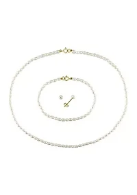 Set Of 3-4MM Freshwater Cultured Pearl Necklace, Bracelet & Earrings With 10K Yellow Gold Clasp