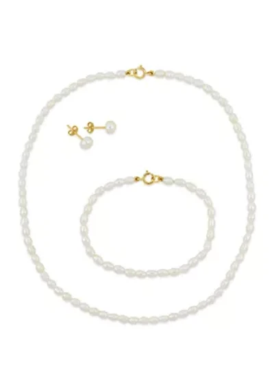 Set Of 3-4MM Freshwater Cultured Pearl Necklace, Bracelet & Earrings With 10K Yellow Gold