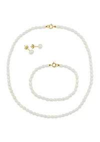 Set Of 3-4MM Freshwater Cultured Pearl Necklace, Bracelet & Earrings With 10K Yellow Gold