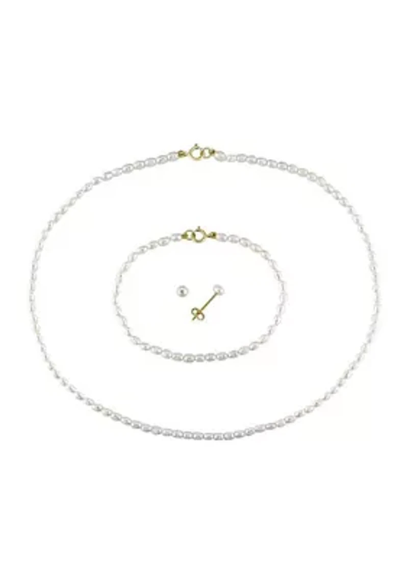 Set Of 3-4MM Freshwater Cultured Pearl Necklace, Bracelet & Earrings With 10K Yellow Gold