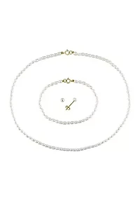 Set Of 3-4MM Freshwater Cultured Pearl Necklace, Bracelet & Earrings With 10K Yellow Gold