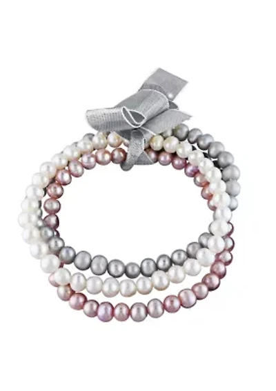 5-5.5MM White, Pink and Grey Freshwater Cultured Pearl Bracelet Set of 3 with Ribbon