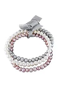 5-5.5MM White, Pink and Grey Freshwater Cultured Pearl Bracelet Set of 3 with Ribbon