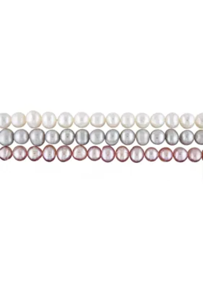 5-5.5MM White, Pink and Grey Freshwater Cultured Pearl Bracelet Set of 3 with Ribbon