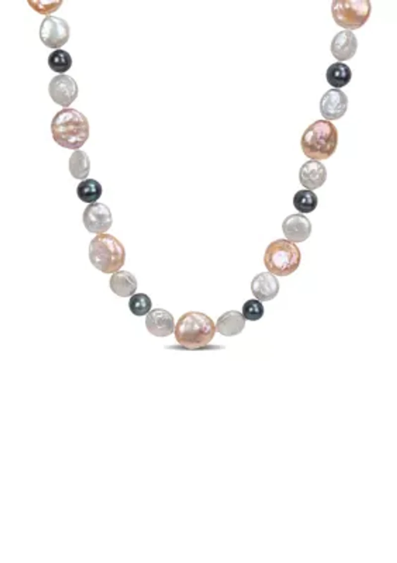 10-14MM Pink & Grey Freshwater Cultured Coin and 7-7.5MM Black Freshwater Cultured Pearl Necklace with Stertling Silver Clasp