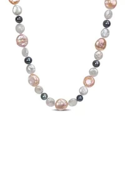 10-14MM Pink & Grey Freshwater Cultured Coin and 7-7.5MM Black Freshwater Cultured Pearl Necklace with Stertling Silver Clasp
