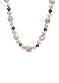 10-14MM Pink & Grey Freshwater Cultured Coin and 7-7.5MM Black Freshwater Cultured Pearl Necklace with Stertling Silver Clasp