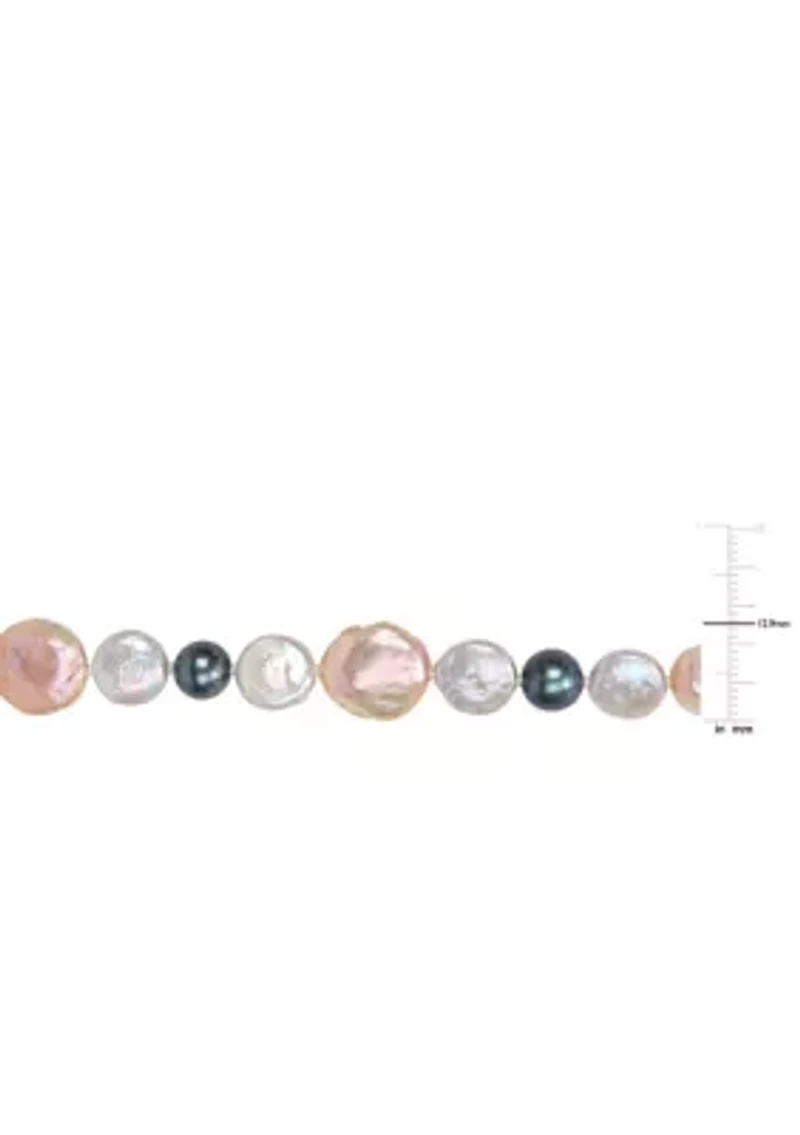 10-14MM Pink & Grey Freshwater Cultured Coin and 7-7.5MM Black Freshwater Cultured Pearl Necklace with Stertling Silver Clasp