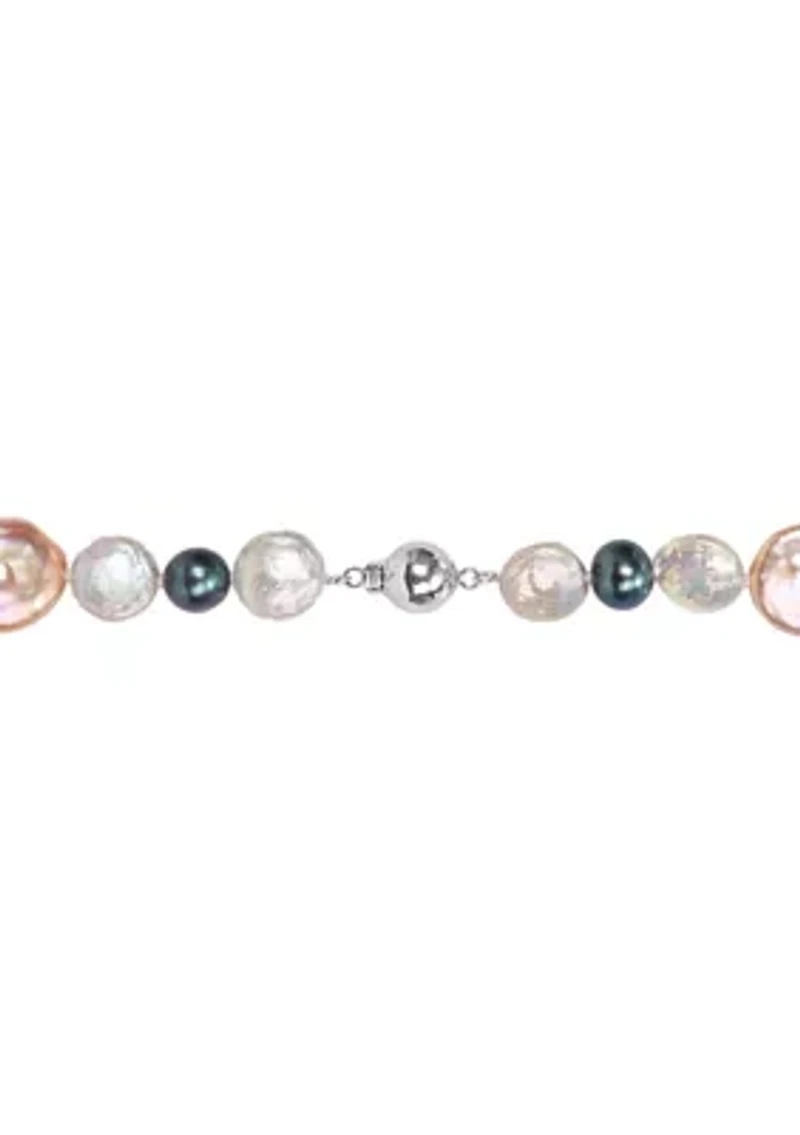 10-14MM Pink & Grey Freshwater Cultured Coin and 7-7.5MM Black Freshwater Cultured Pearl Necklace with Stertling Silver Clasp