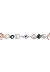 10-14MM Pink & Grey Freshwater Cultured Coin and 7-7.5MM Black Freshwater Cultured Pearl Necklace with Stertling Silver Clasp