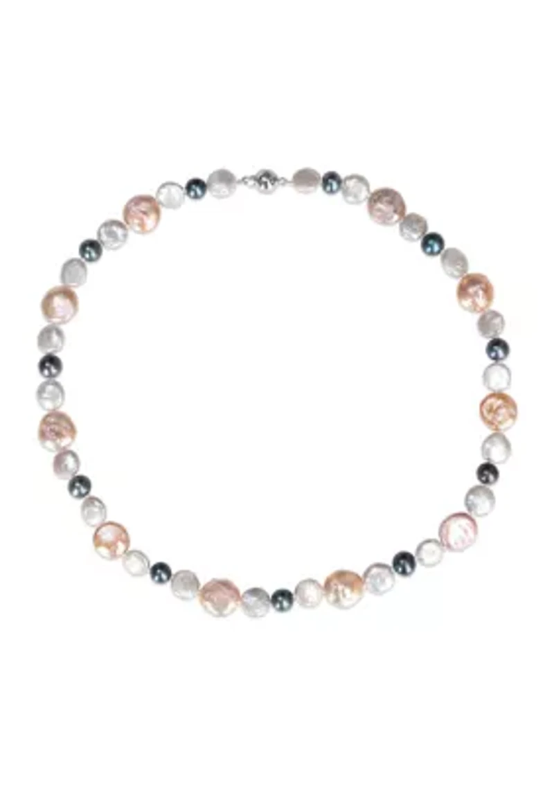 10-14MM Pink & Grey Freshwater Cultured Coin and 7-7.5MM Black Freshwater Cultured Pearl Necklace with Stertling Silver Clasp