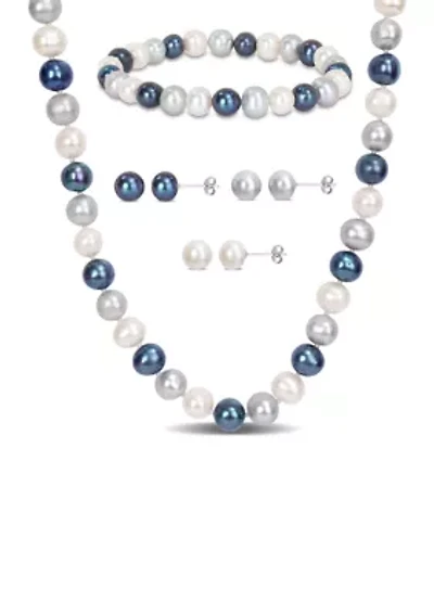 7.5-8MM Multi-Color Freshwater Cultured Pearl 5-Piece Set of Necklace Earrings & Bracelet in Sterling Silver