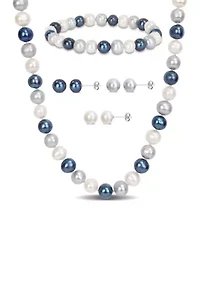 7.5-8MM Multi-Color Freshwater Cultured Pearl 5-Piece Set of Necklace Earrings & Bracelet in Sterling Silver