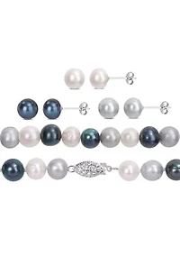 7.5-8MM Multi-Color Freshwater Cultured Pearl 5-Piece Set of Necklace Earrings & Bracelet in Sterling Silver