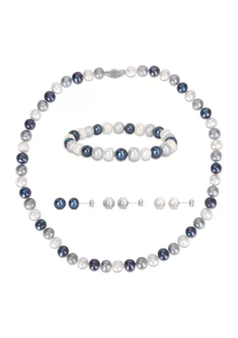 7.5-8MM Multi-Color Freshwater Cultured Pearl 5-Piece Set of Necklace Earrings & Bracelet in Sterling Silver