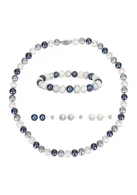 7.5-8MM Multi-Color Freshwater Cultured Pearl 5-Piece Set of Necklace Earrings & Bracelet in Sterling Silver