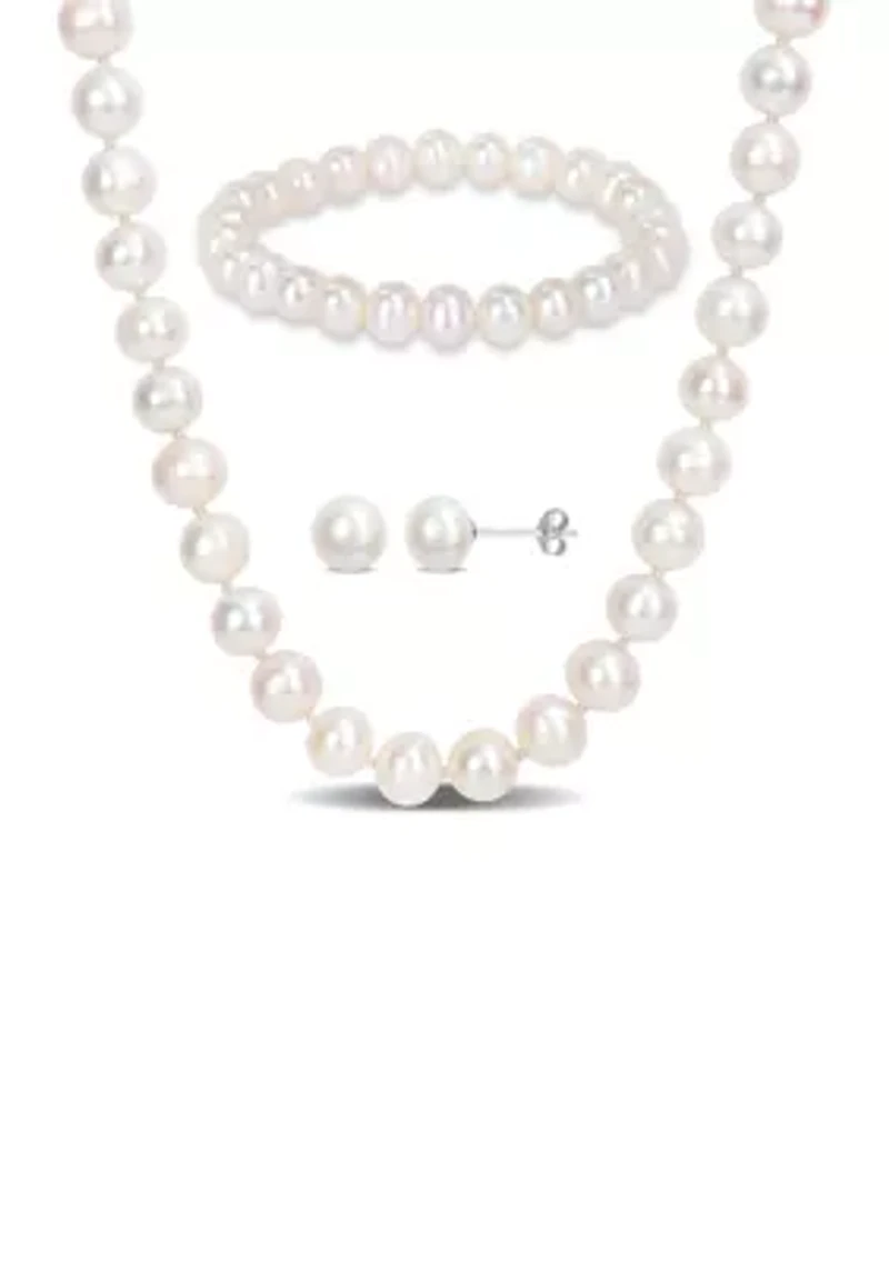 7.5-8MM Freshwater Cultured Pearl 3-Piece Set of Necklace Earrings & Bracelet in Sterling Silver