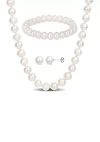 7.5-8MM Freshwater Cultured Pearl 3-Piece Set of Necklace Earrings & Bracelet in Sterling Silver